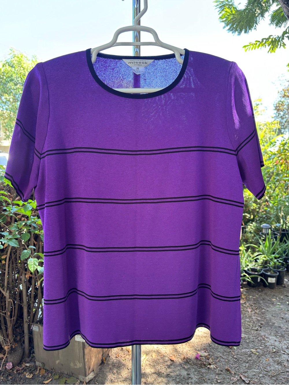 Exclusively Misook Short Sleeve Purple Black Stripe Plus Size 2X